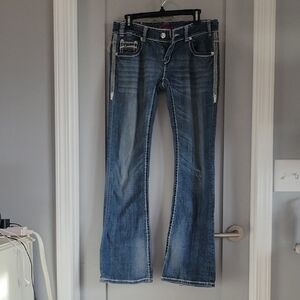 Rock & Roll Cowgirl Distressed Blue Flare Jeans with Contrast Stitching